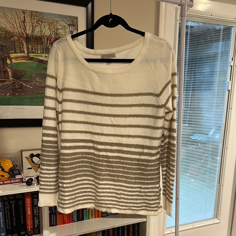 Dress Barn Cream and Gray Striped Sweater